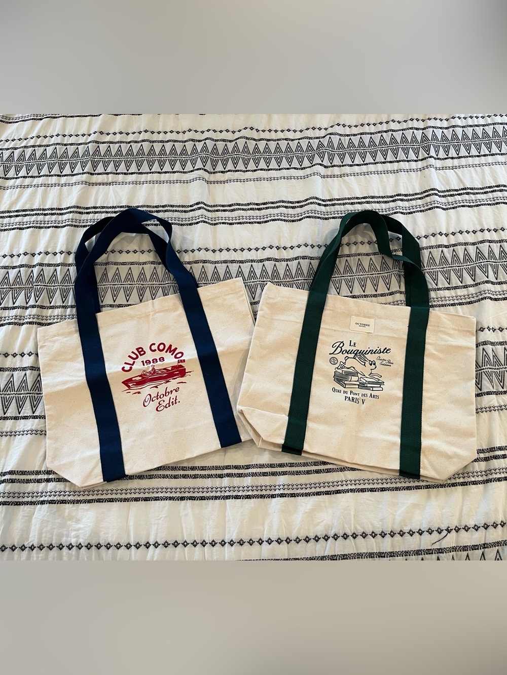 Set of two: Octobre Canvas Graphic Tote with Navy and Green Straps